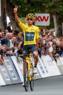 Tour de France winner Colombian Egan Bernal of Team Ineos celebrates after winning the 'Natourcriterium Roeselare' cycling race on July 30, 2019 in Roeselare. - The contest is a part of the traditional 'criteriums', local races in which mainly cyclists who rode the Tour de France compete. (Photo by KURT DESPLENTER / various sources / AFP) / Belgium OUT (Photo credit should read KURT DESPLENTER/AFP via Getty Images)