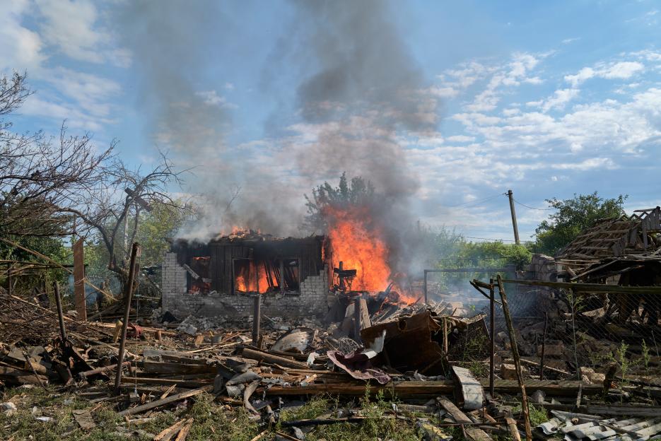 House burning in Iverske, Ukraine after a drone strike.