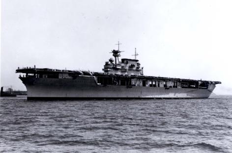 Black and white photo of the USS Yorktown aircraft carrier.