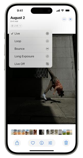A smartphone displaying photo editing options for a Live Photo.