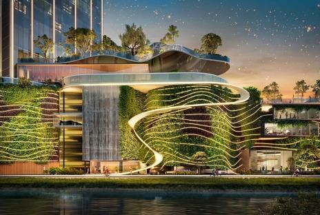 Illustration of the Senna Tower, a 500-meter skyscraper with a green wall and curved design.