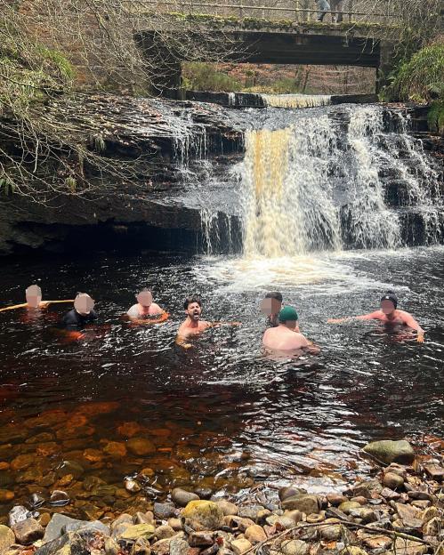 Several men swimming in a pool below a waterfall.