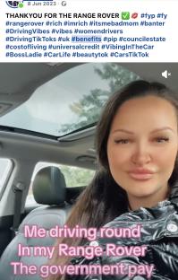 Woman in a Range Rover, referencing government benefits in a TikTok video.
