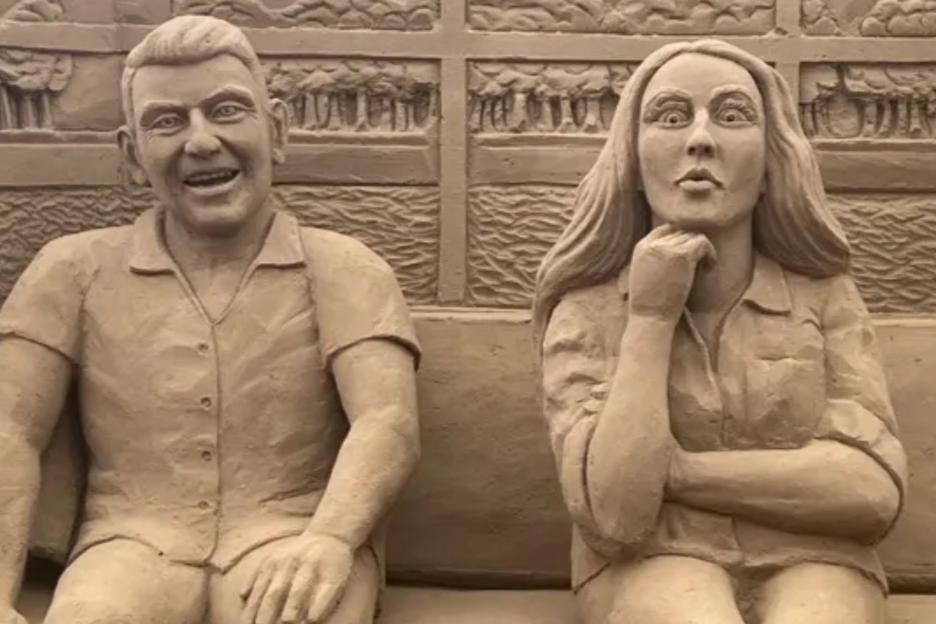TV star duo recreated in sand for new sculpture display- can you work out who they are suppose to be?