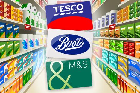 Illustration of Tesco, Boots, and M&S gift cards in a supermarket aisle.
