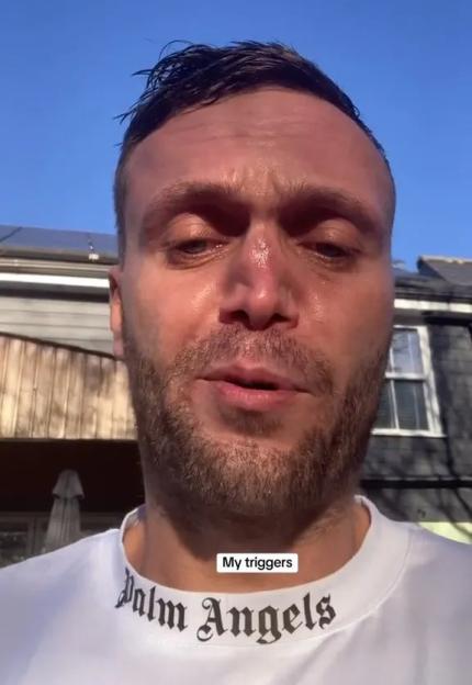 Close-up video of a sweating man talking about his triggers.