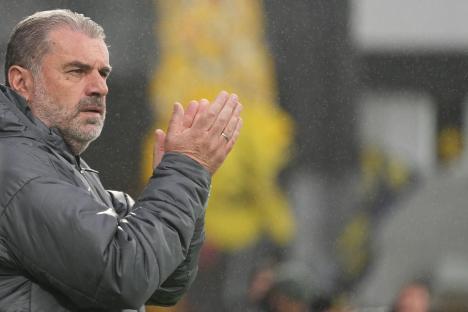 Ange Postecoglou, manager of Tottenham Hotspur, clapping.