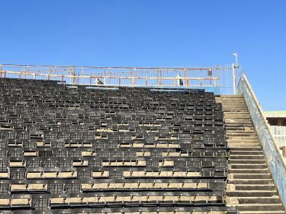 Disused stadium seating and stairs.